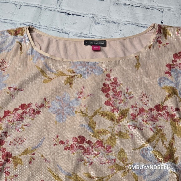 Vince Camuto Womens Sequin Floral Print Top Pink Short Sleeve Blouse Medium - Picture 10 of 16